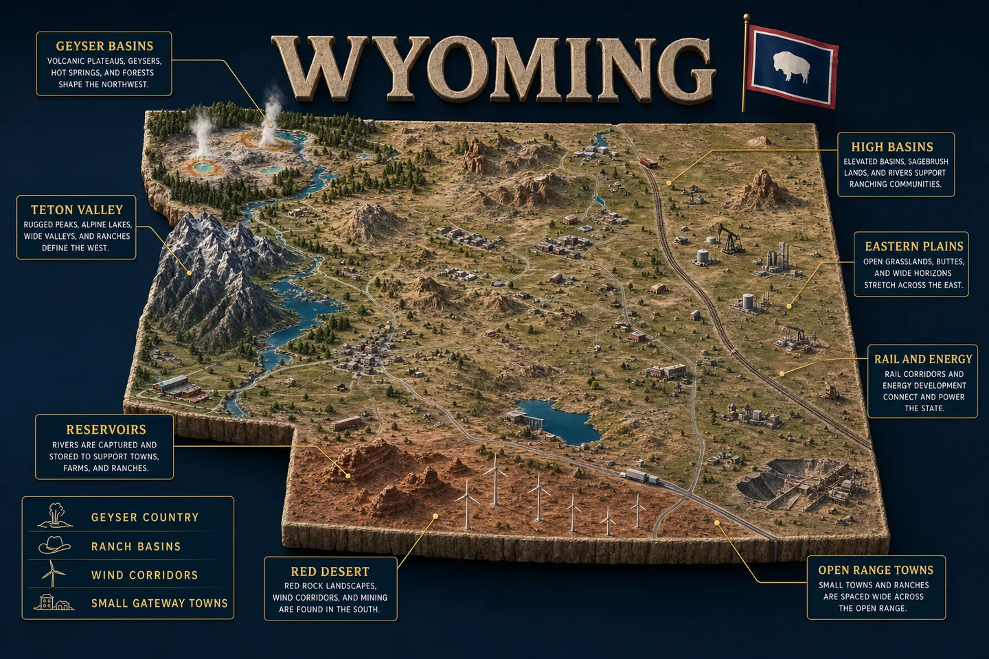 Wyoming identity diorama showing regional landscape, cities, housing, and infrastructure